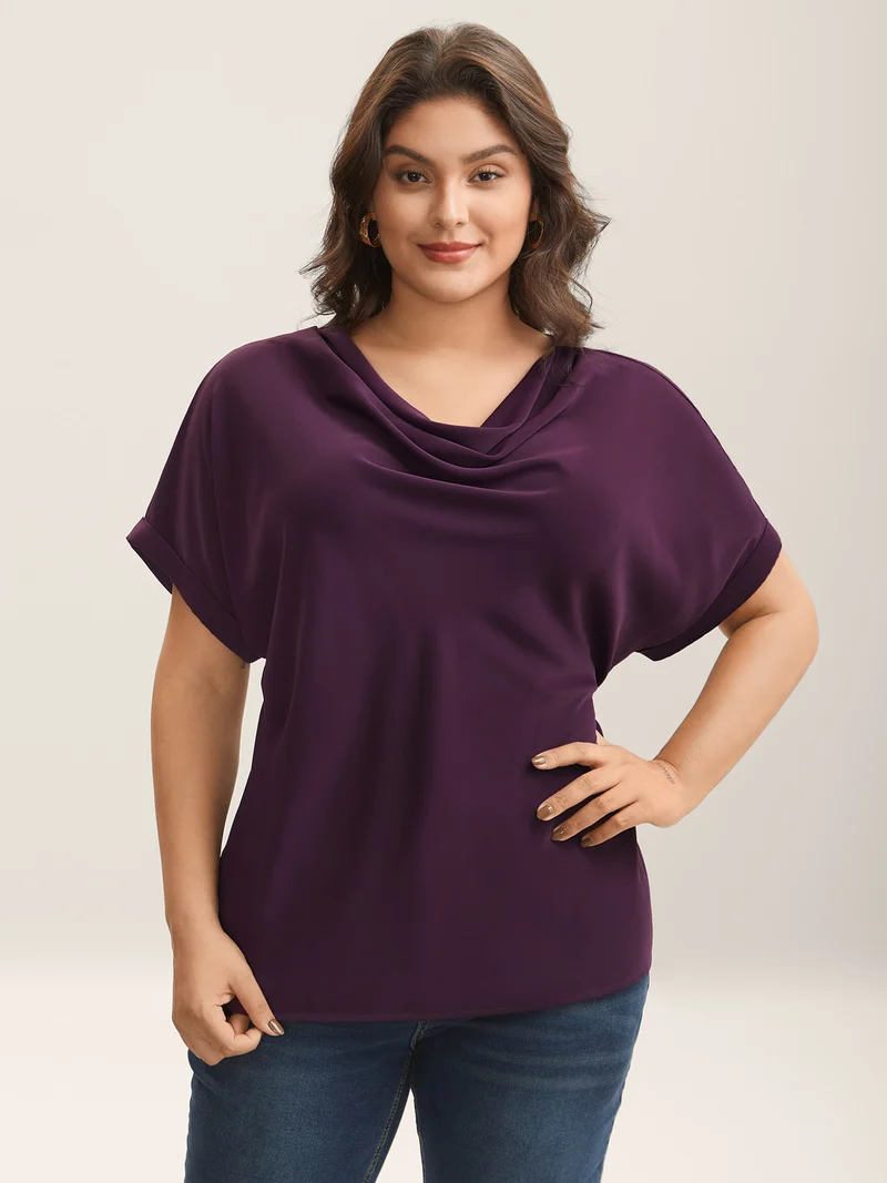 Cowl Neck Plain Dolman Sleeve Blouse