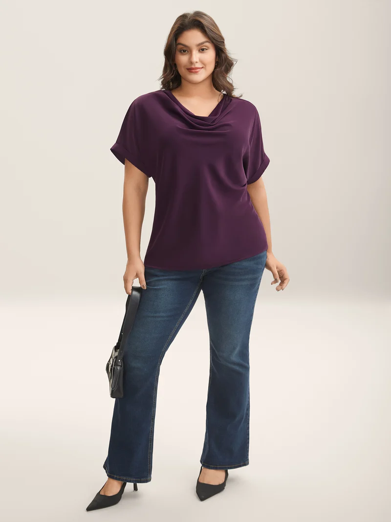 Cowl Neck Plain Dolman Sleeve Blouse