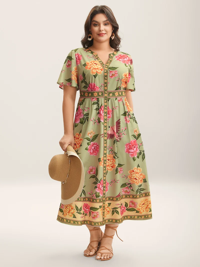 Floral Contrast Hem Split Neck Midi Dress