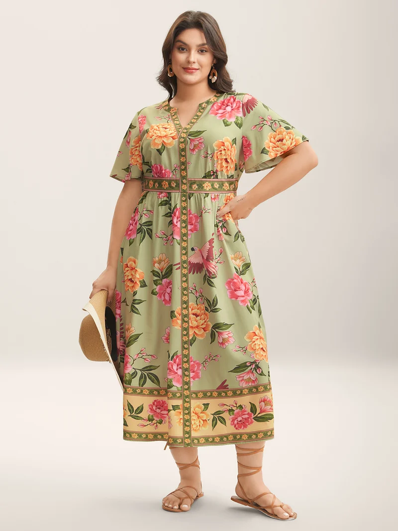 Floral Contrast Hem Split Neck Midi Dress