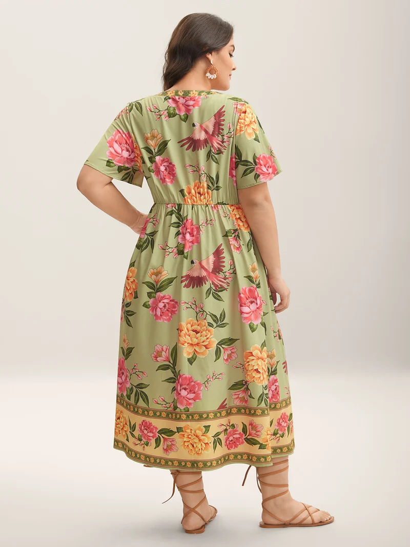 Floral Contrast Hem Split Neck Midi Dress