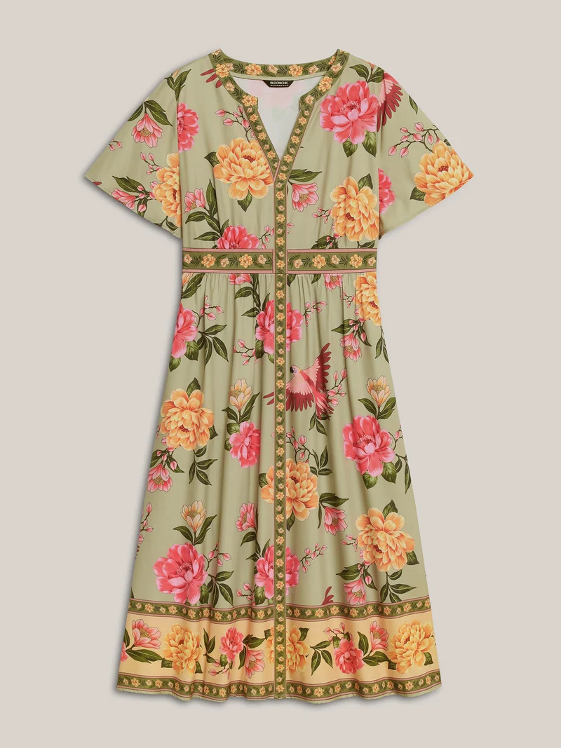 Floral Contrast Hem Split Neck Midi Dress
