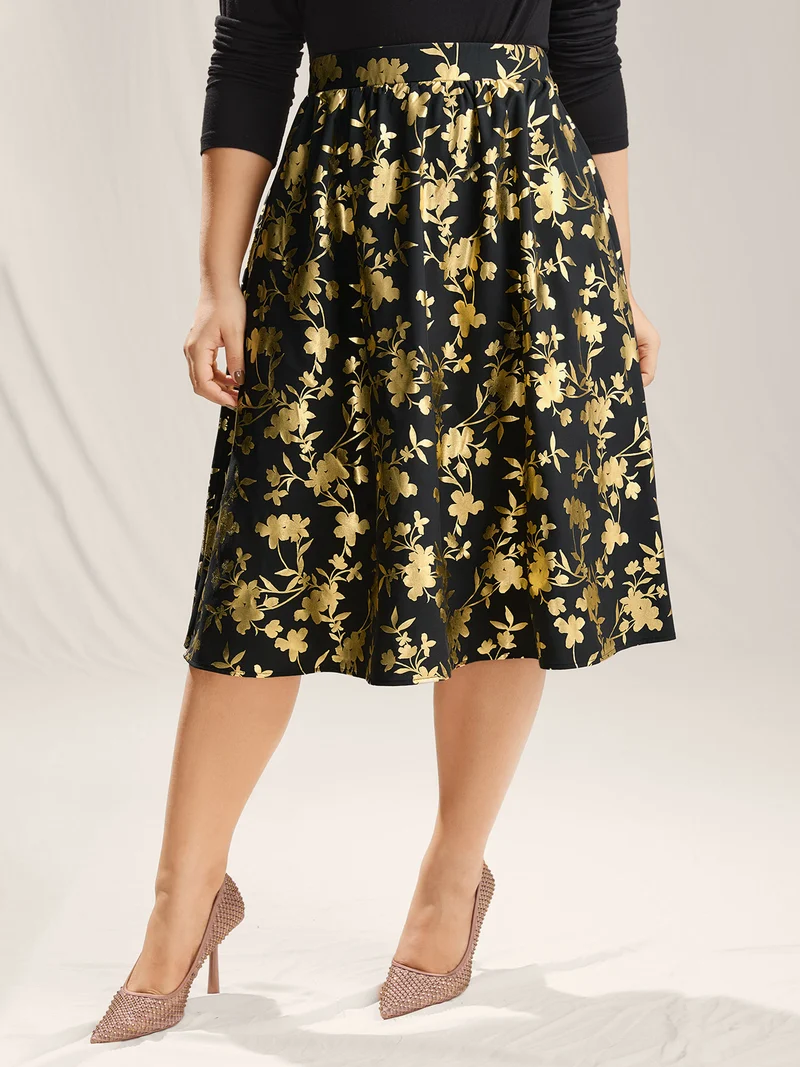 Shimmery Floral Hot Stamping Midi Skirt