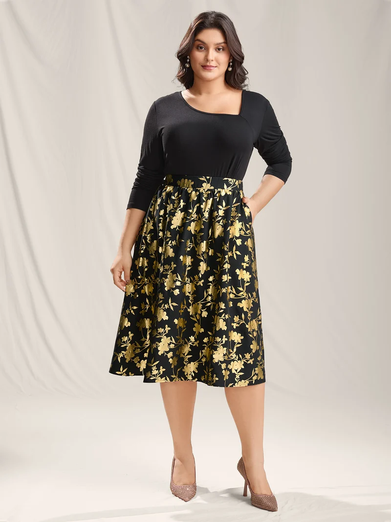 Shimmery Floral Hot Stamping Midi Skirt