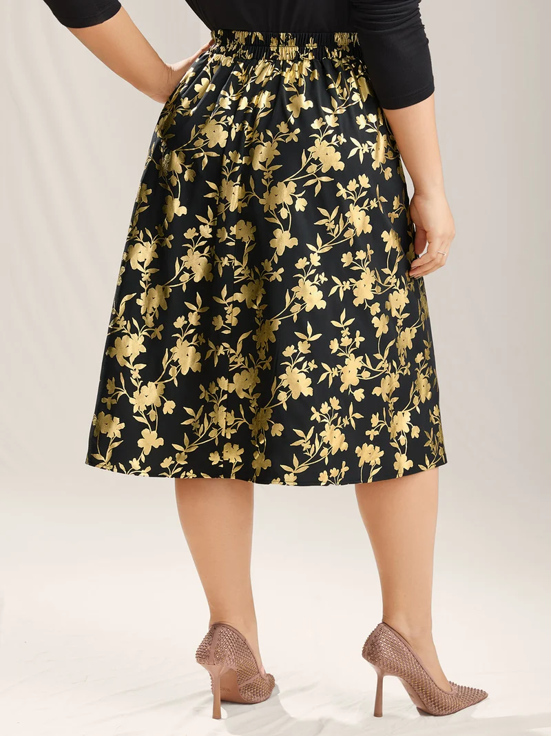 Shimmery Floral Hot Stamping Midi Skirt