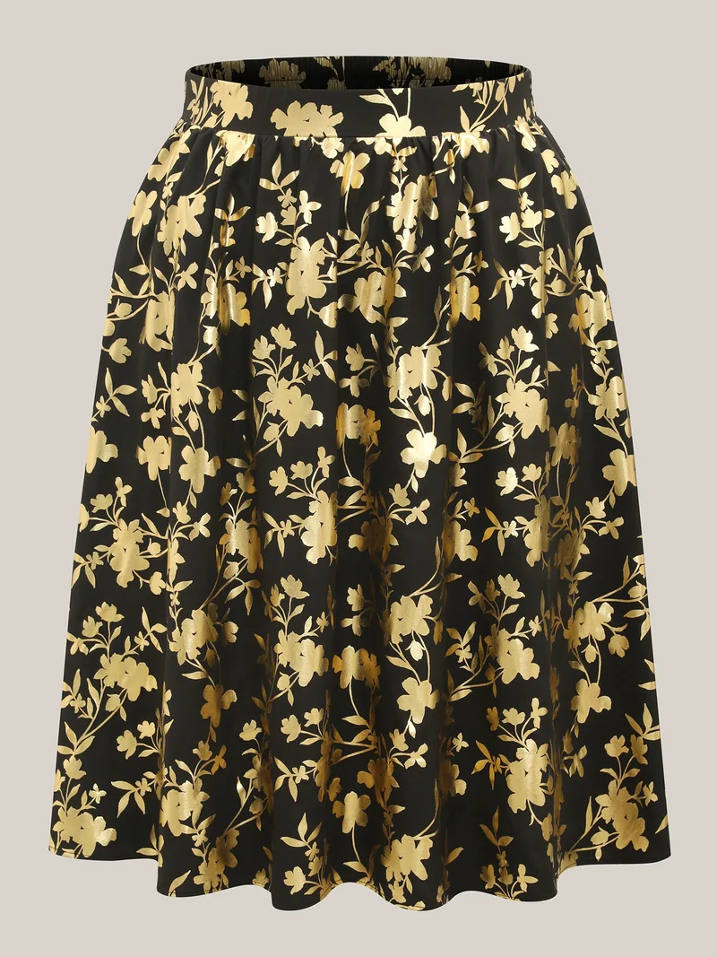 Shimmery Floral Hot Stamping Midi Skirt