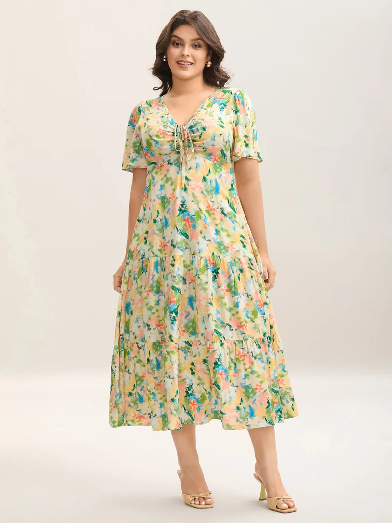 Floral Print Cinched Bust Tiered Maxi Dress