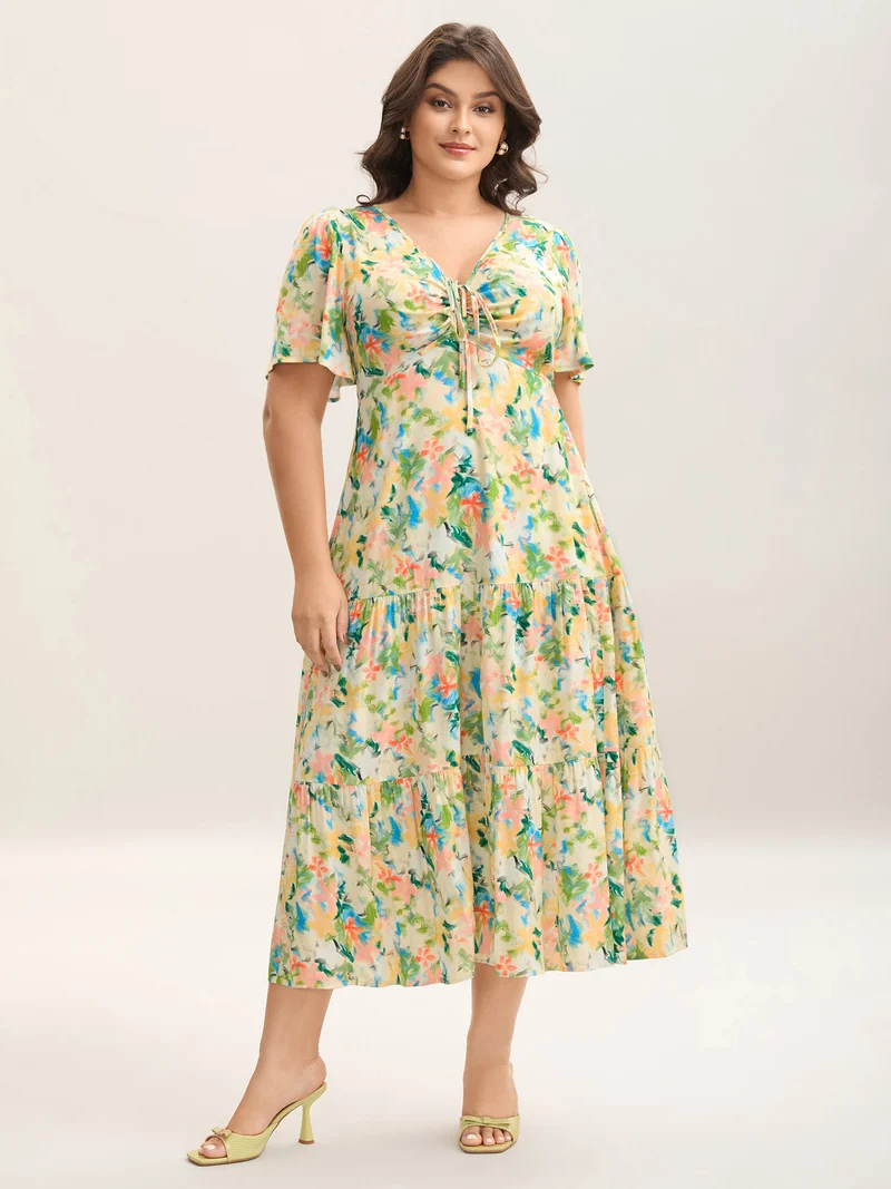 Floral Print Cinched Bust Tiered Maxi Dress