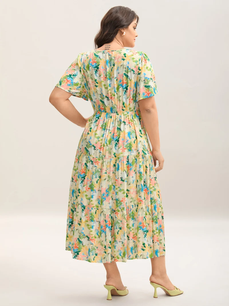 Floral Print Cinched Bust Tiered Maxi Dress