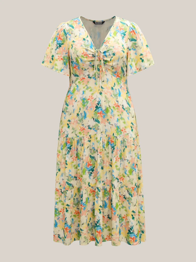 Floral Print Cinched Bust Tiered Maxi Dress