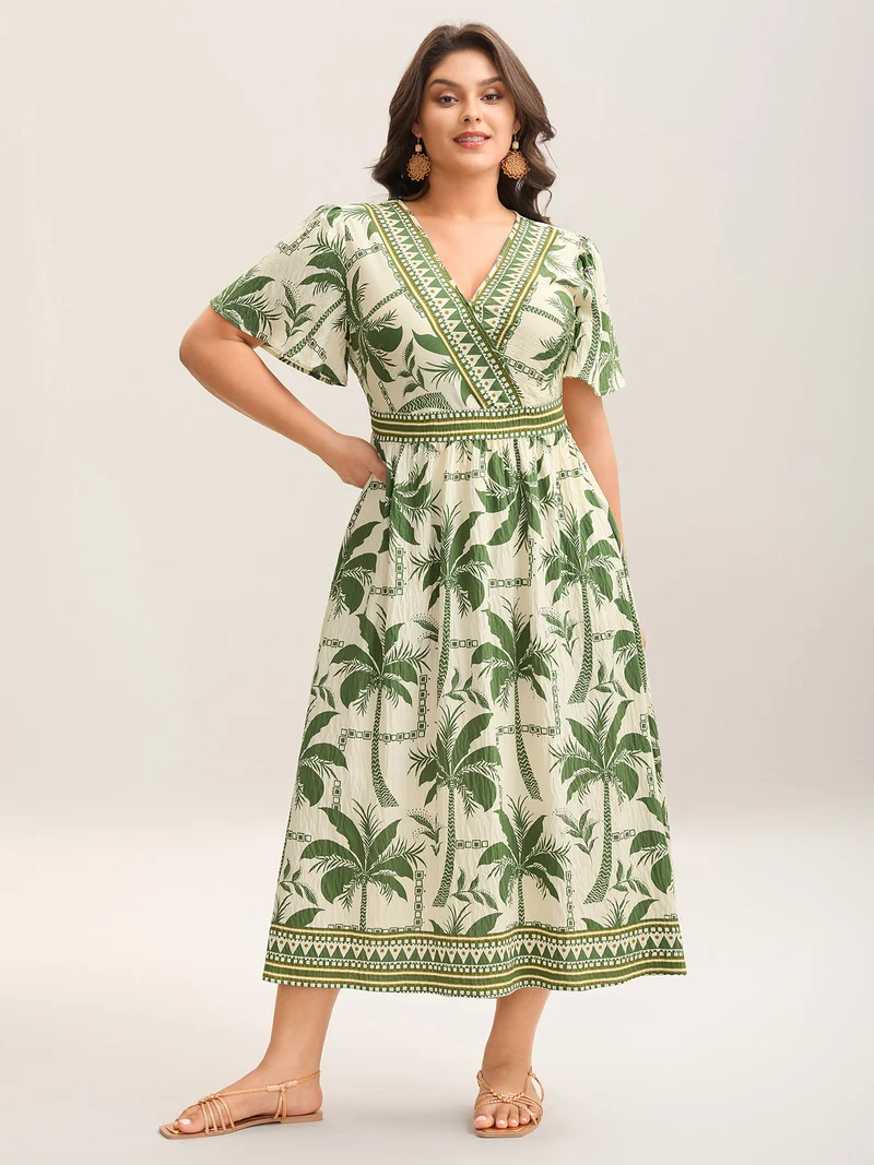 Tropical Tree Print Contrast Hem Maxi Dress