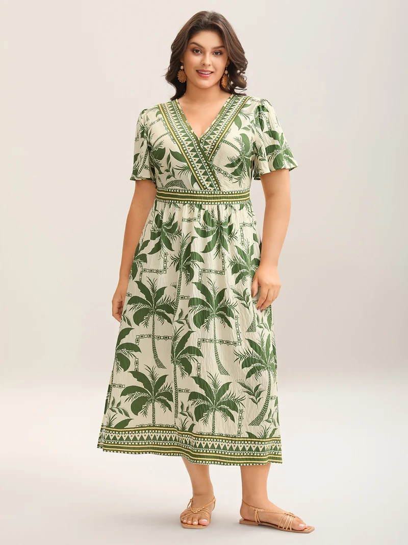 Tropical Tree Print Contrast Hem Maxi Dress