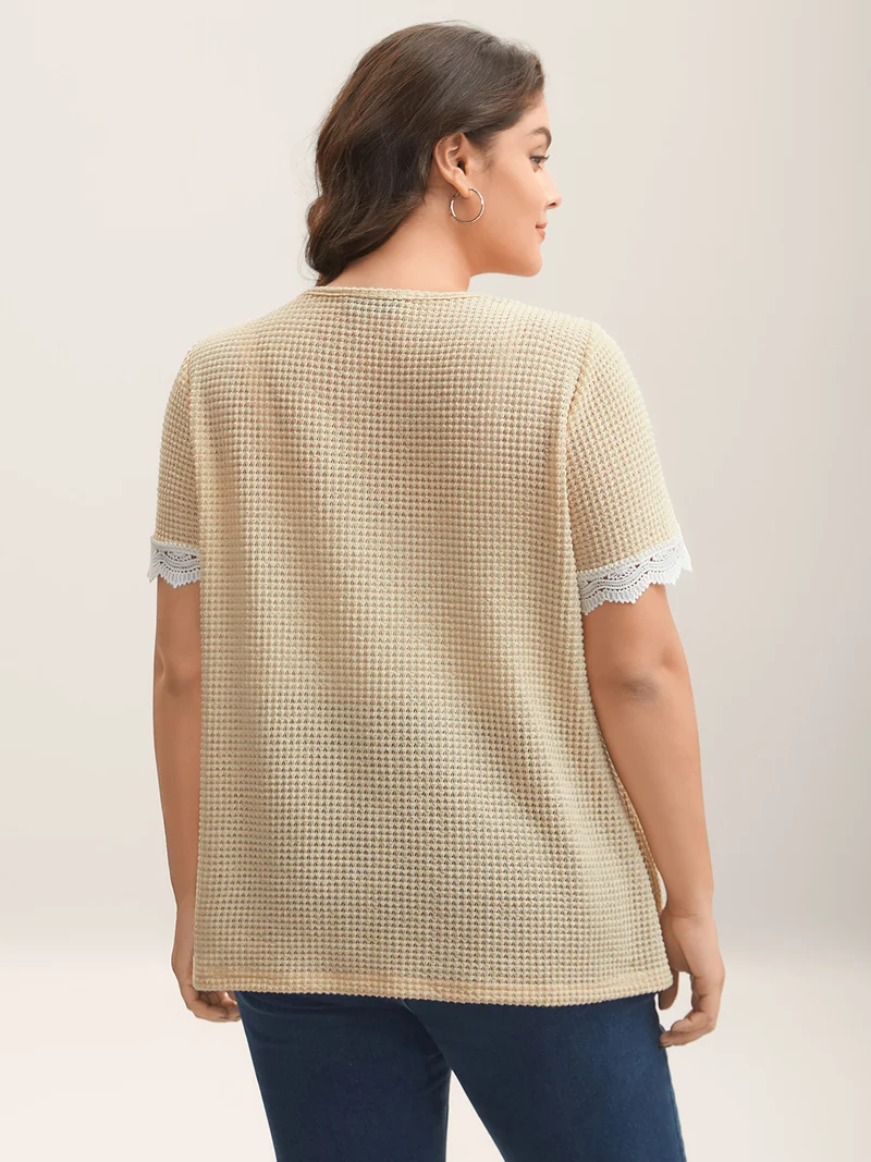 Sheer Waffle Textured Lace Trim T-Shirt