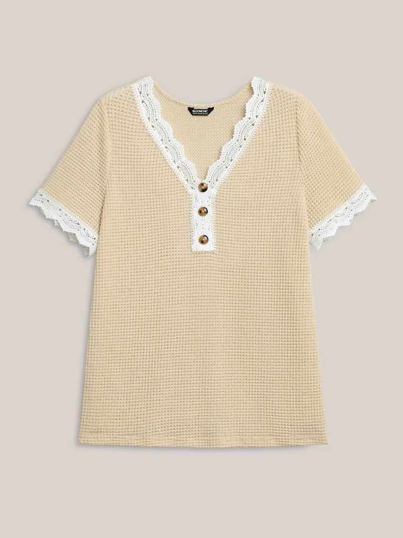 Sheer Waffle Textured Lace Trim T-Shirt