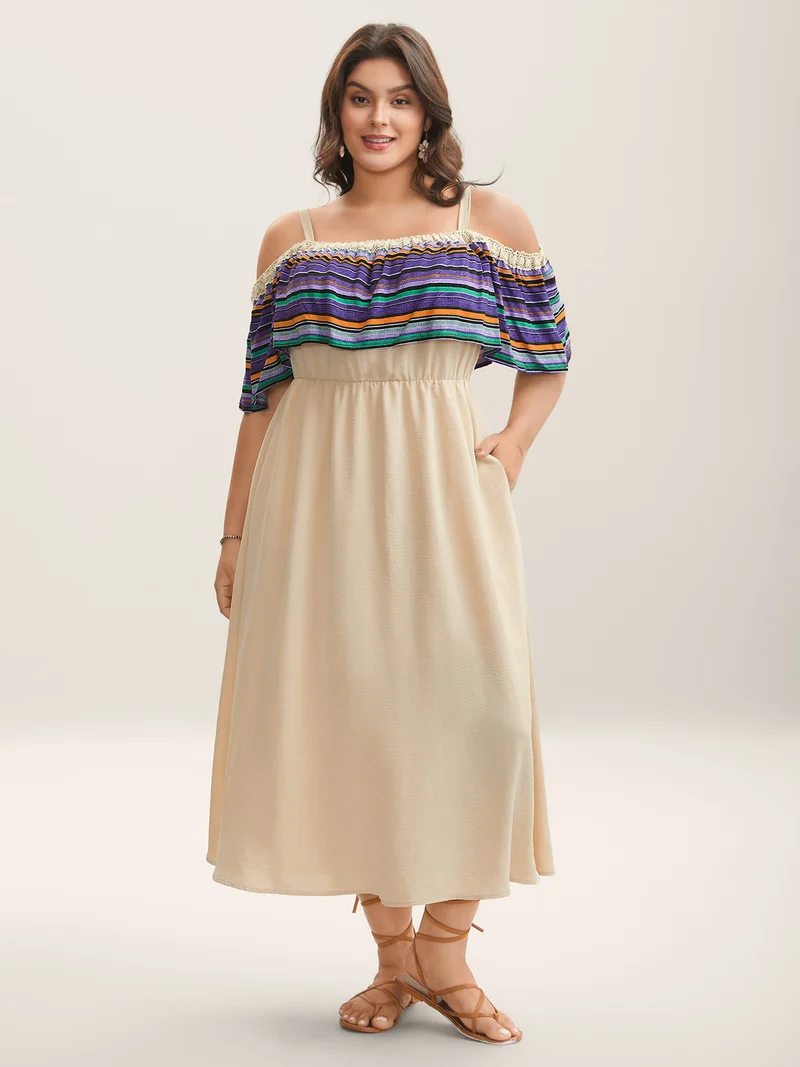 Cold-Shoulder Textured Striped Pockets Midi Dress