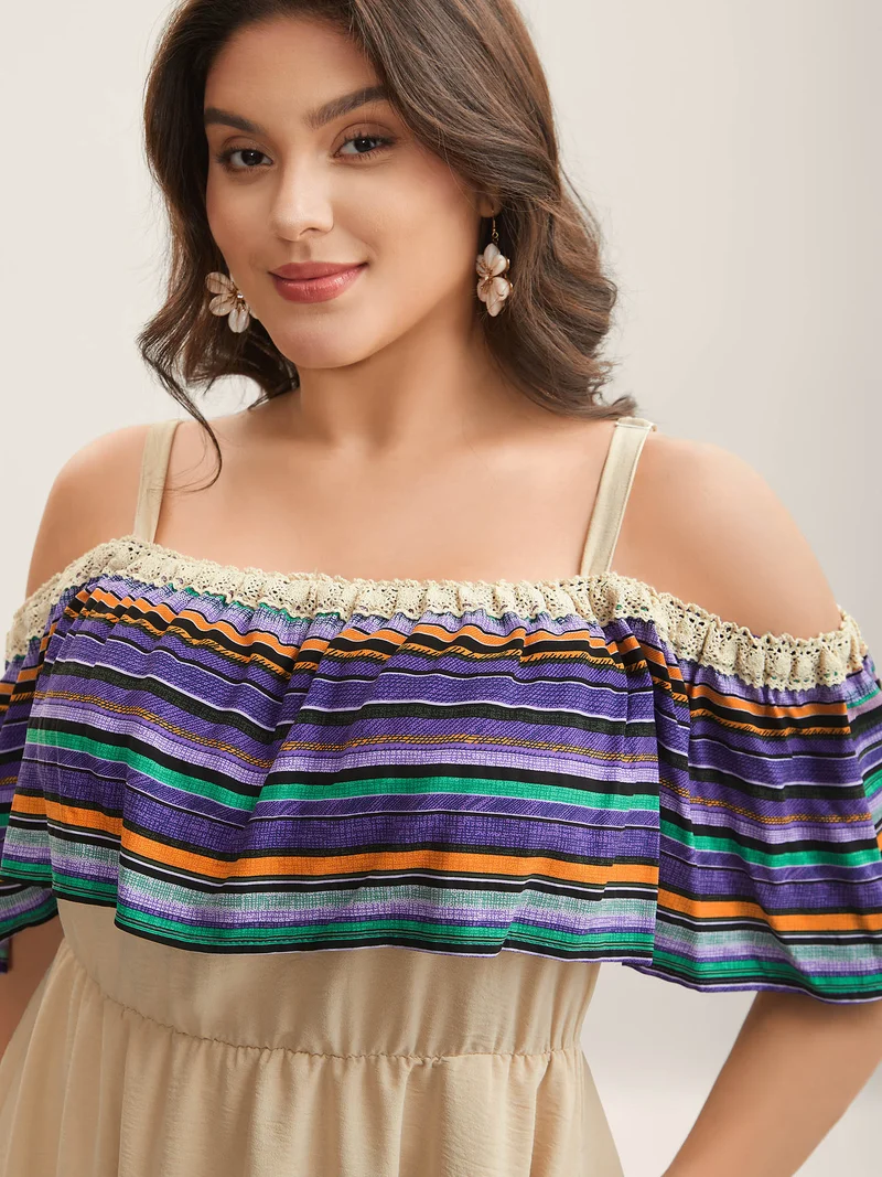 Cold-Shoulder Textured Striped Pockets Midi Dress