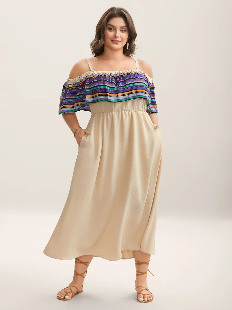Cold-Shoulder Textured Striped Pockets Midi Dress