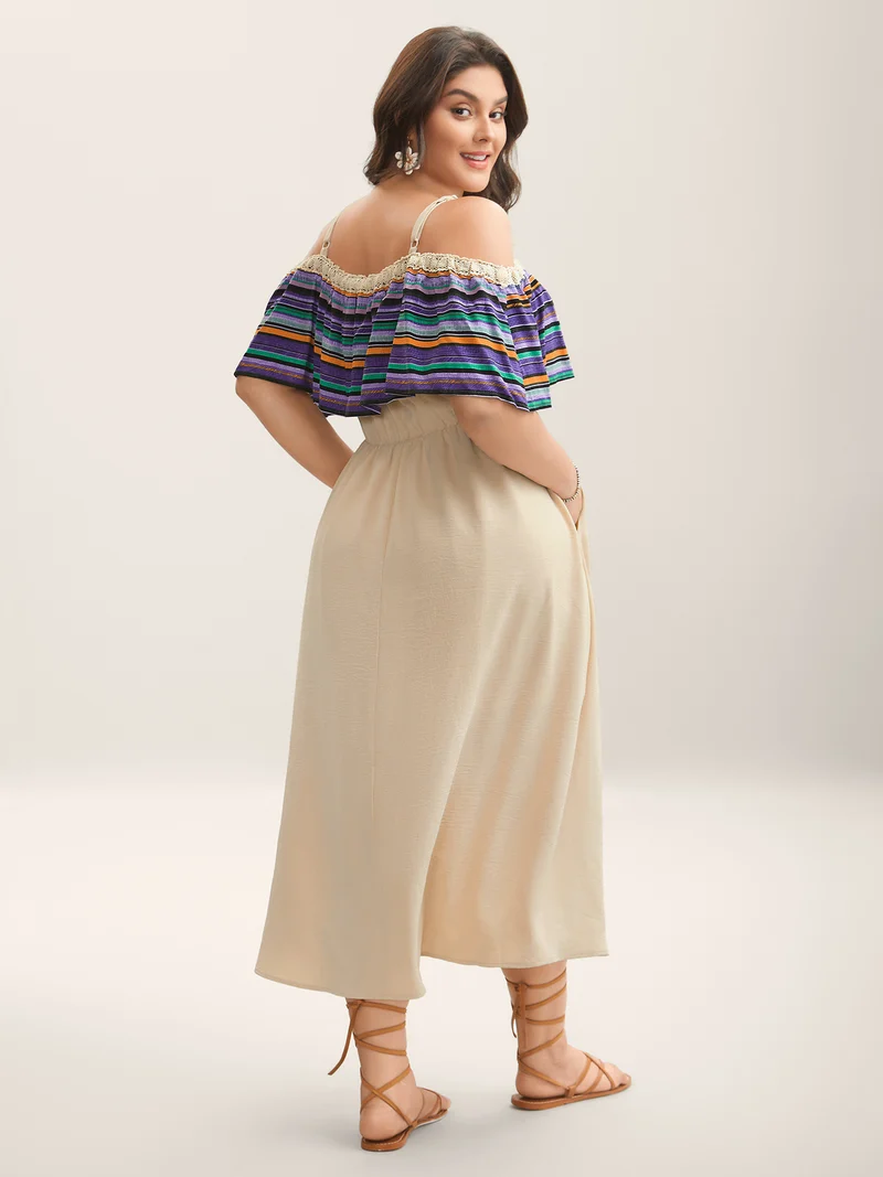 Cold-Shoulder Textured Striped Pockets Midi Dress