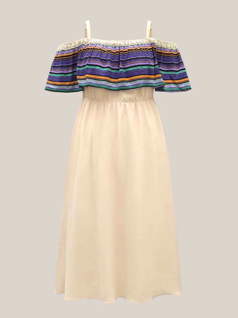Cold-Shoulder Textured Striped Pockets Midi Dress