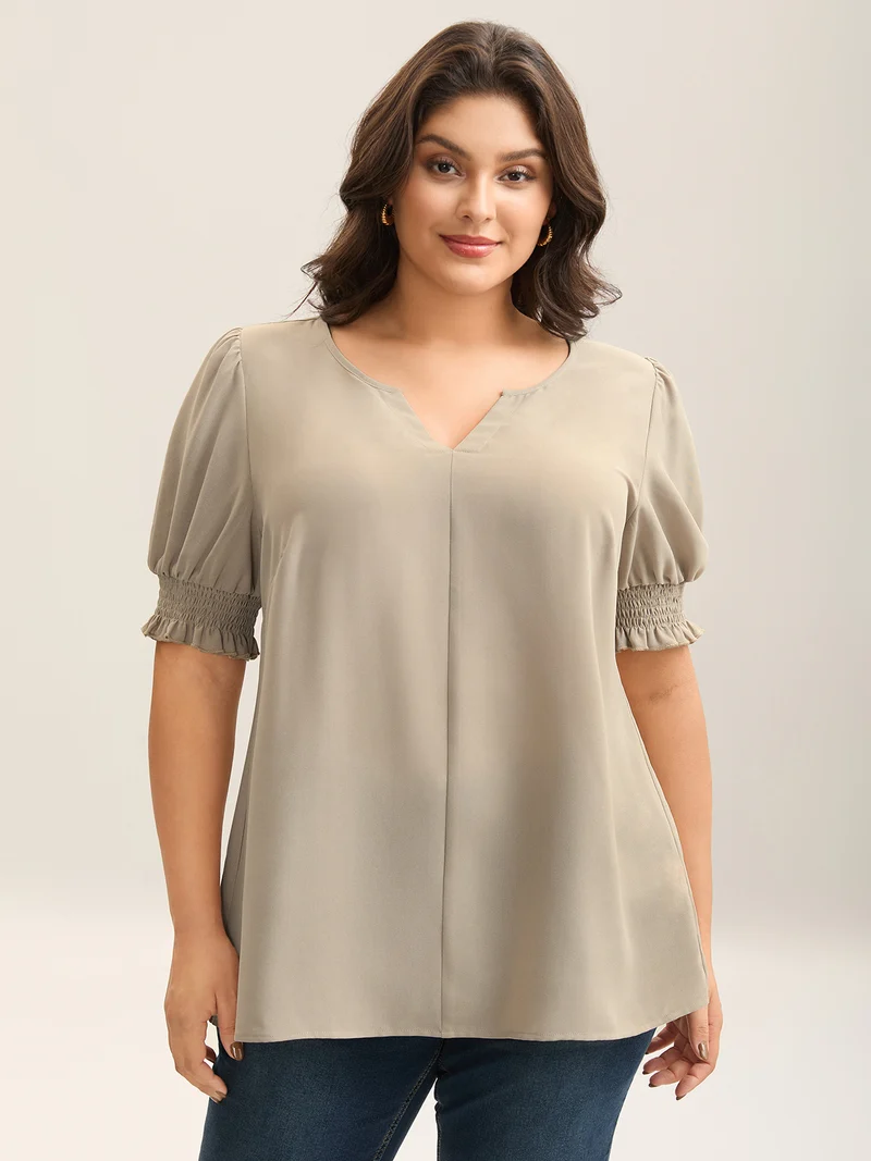 Shirred Puff Sleeve Split Neck Shirt