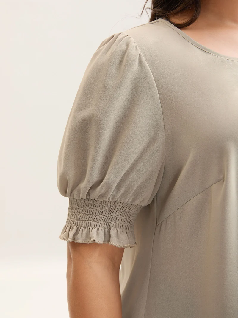 Shirred Puff Sleeve Split Neck Shirt