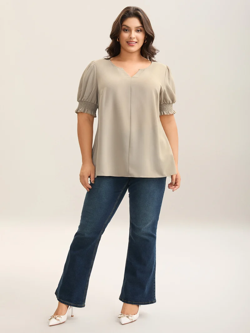 Shirred Puff Sleeve Split Neck Shirt