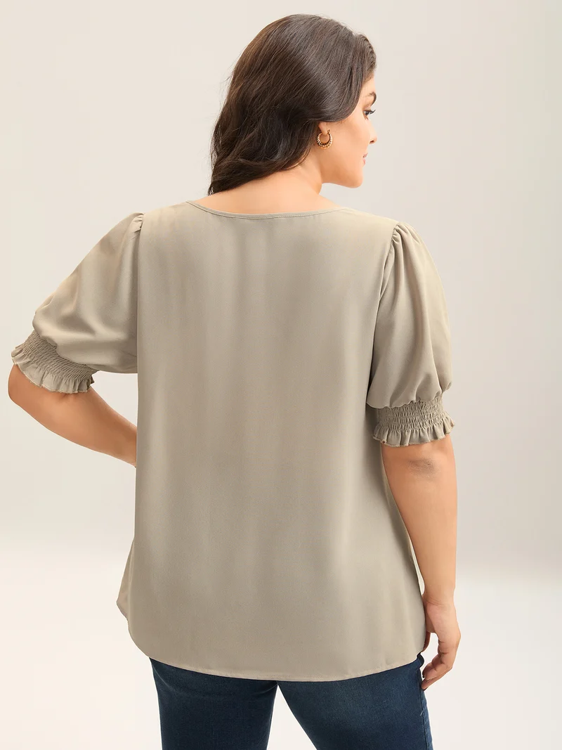 Shirred Puff Sleeve Split Neck Shirt