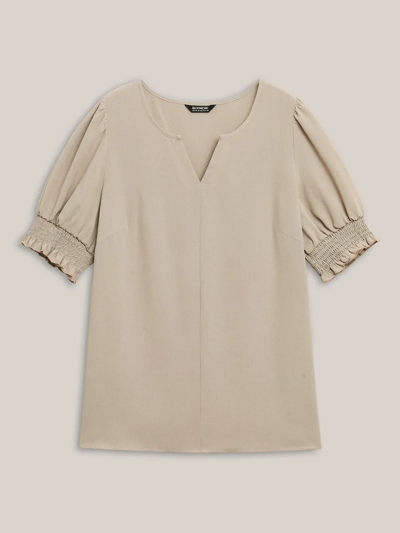 Shirred Puff Sleeve Split Neck Shirt