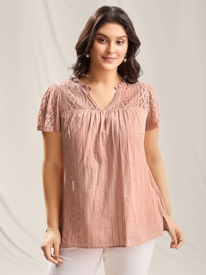 Sheer Notched Collar Textured Spliced Blouse