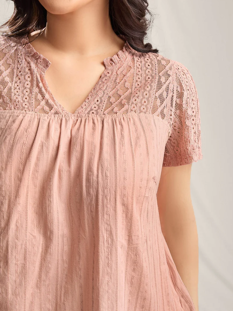 Sheer Notched Collar Textured Spliced Blouse