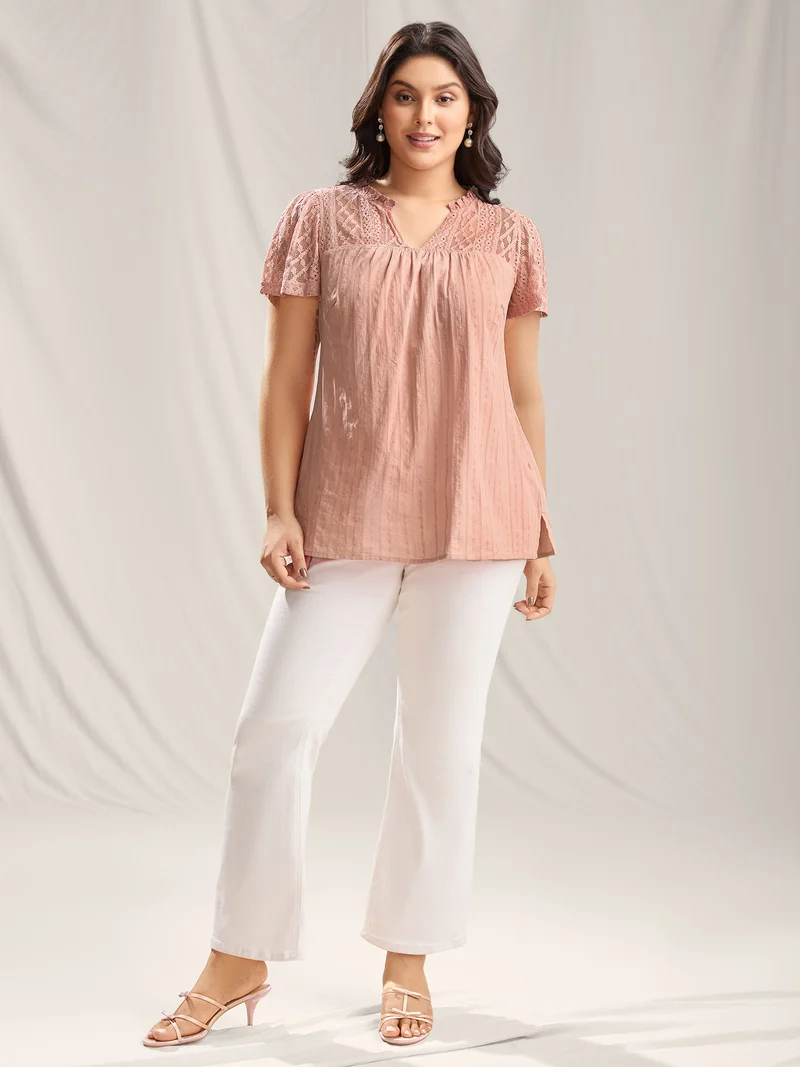 Sheer Notched Collar Textured Spliced Blouse