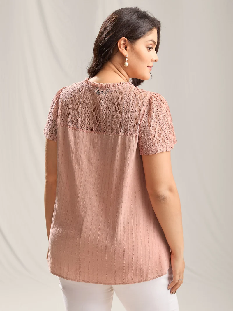Sheer Notched Collar Textured Spliced Blouse
