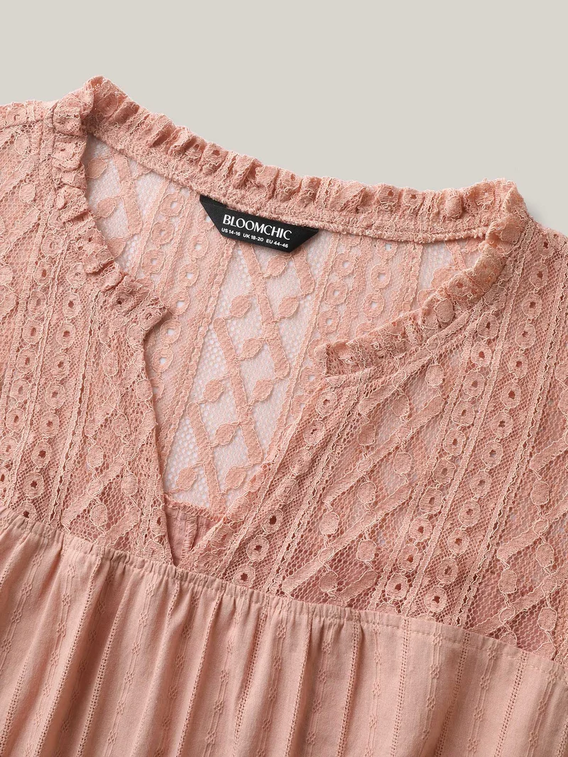 Sheer Notched Collar Textured Spliced Blouse