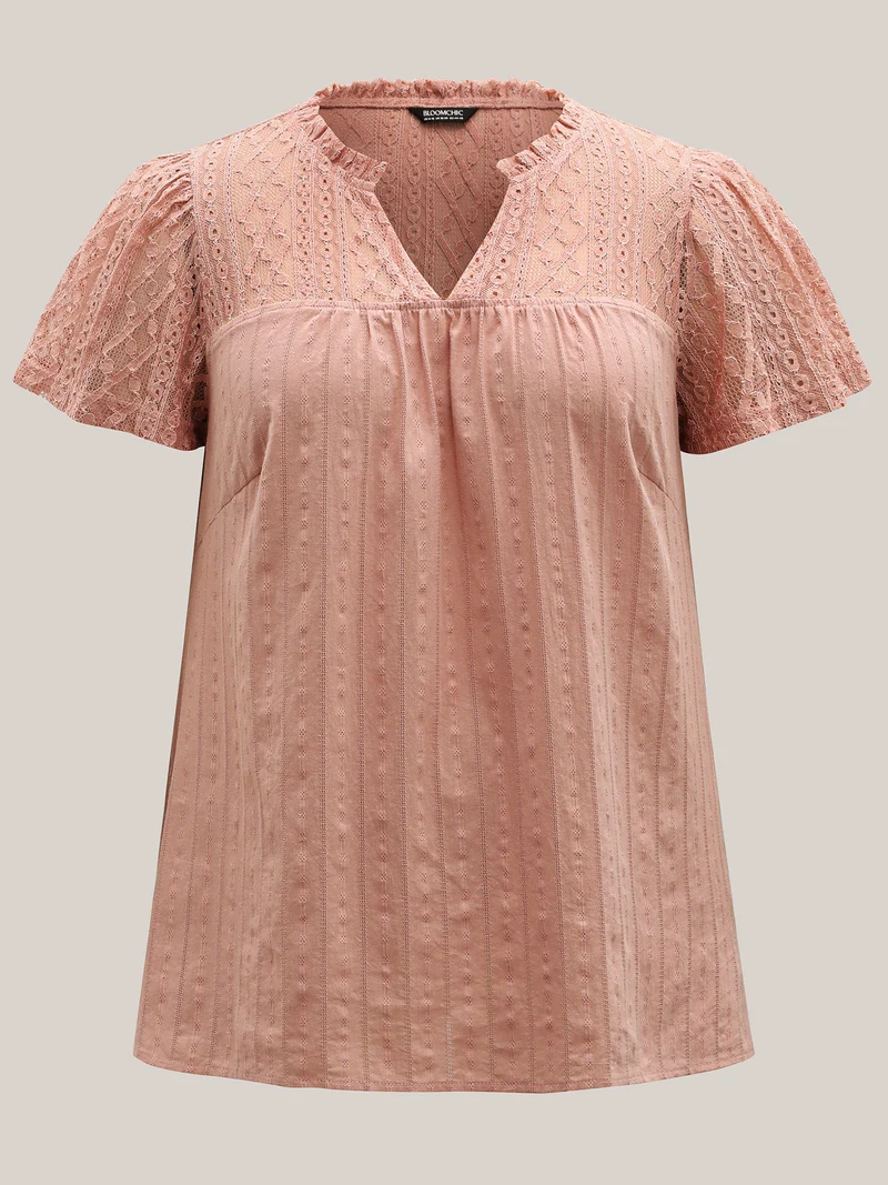 Sheer Notched Collar Textured Spliced Blouse