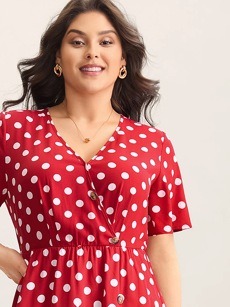 Polka Dots Surplice Button Detail Midi Dress