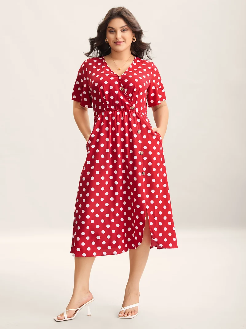 Polka Dots Surplice Button Detail Midi Dress