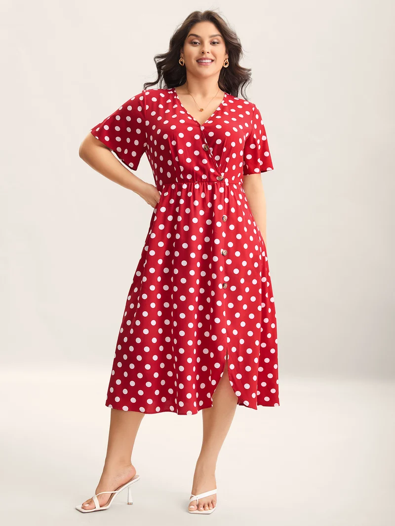 Polka Dots Surplice Button Detail Midi Dress