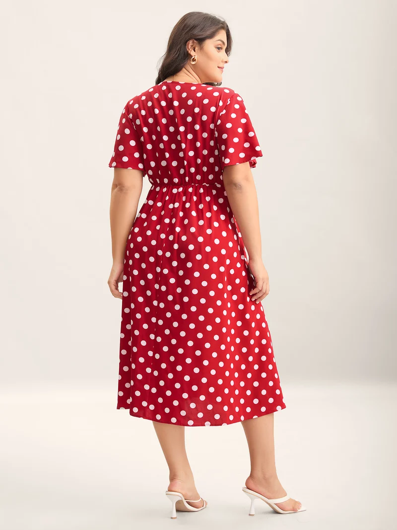 Polka Dots Surplice Button Detail Midi Dress
