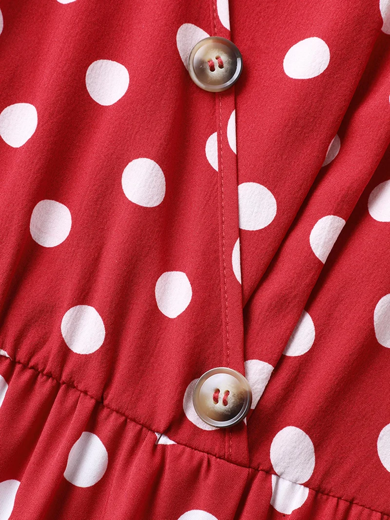 Polka Dots Surplice Button Detail Midi Dress