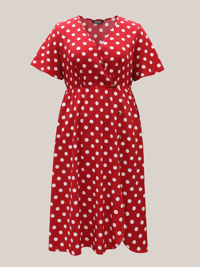 Polka Dots Surplice Button Detail Midi Dress