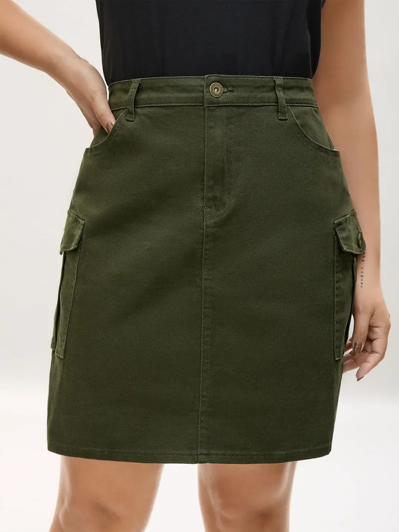 Flap Detail Classic Cut Midi Denim Skirt