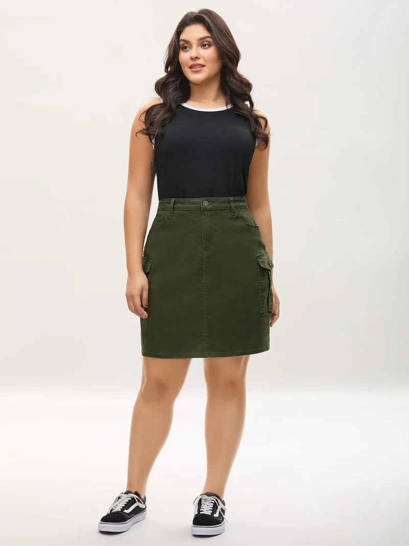 Flap Detail Classic Cut Midi Denim Skirt