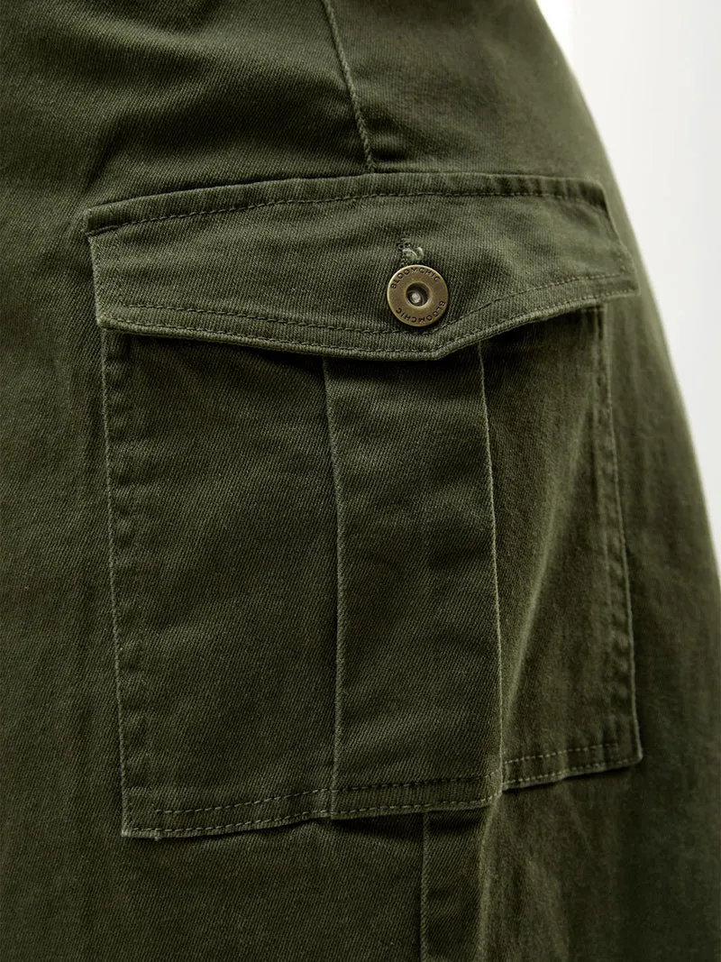 Flap Detail Classic Cut Midi Denim Skirt