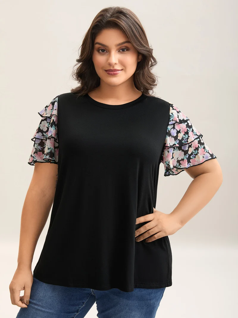 Floral Layered Sleeve Spliced Plain T-Shirt