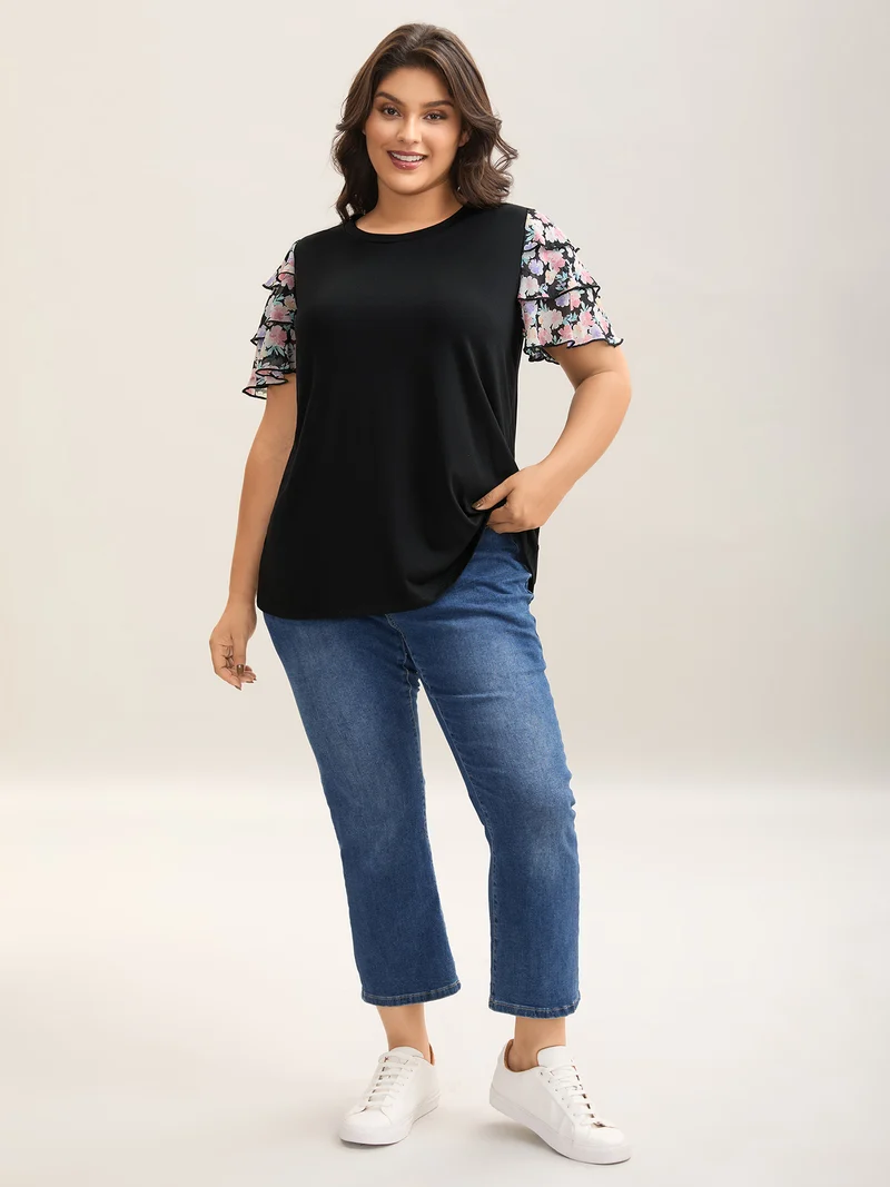 Floral Layered Sleeve Spliced Plain T-Shirt