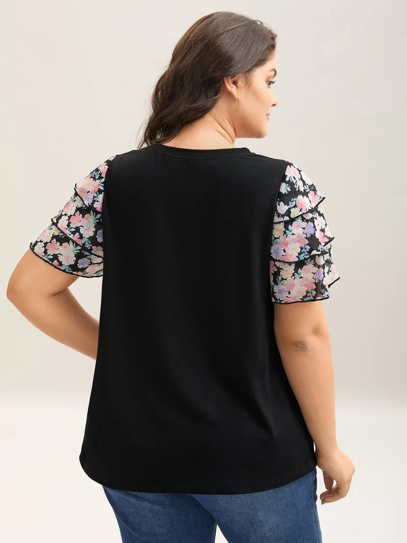 Floral Layered Sleeve Spliced Plain T-Shirt