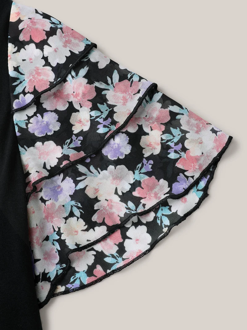 Floral Layered Sleeve Spliced Plain T-Shirt