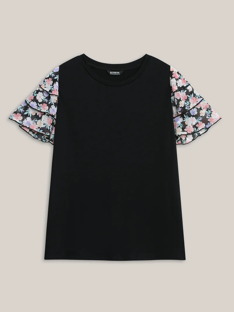 Floral Layered Sleeve Spliced Plain T-Shirt