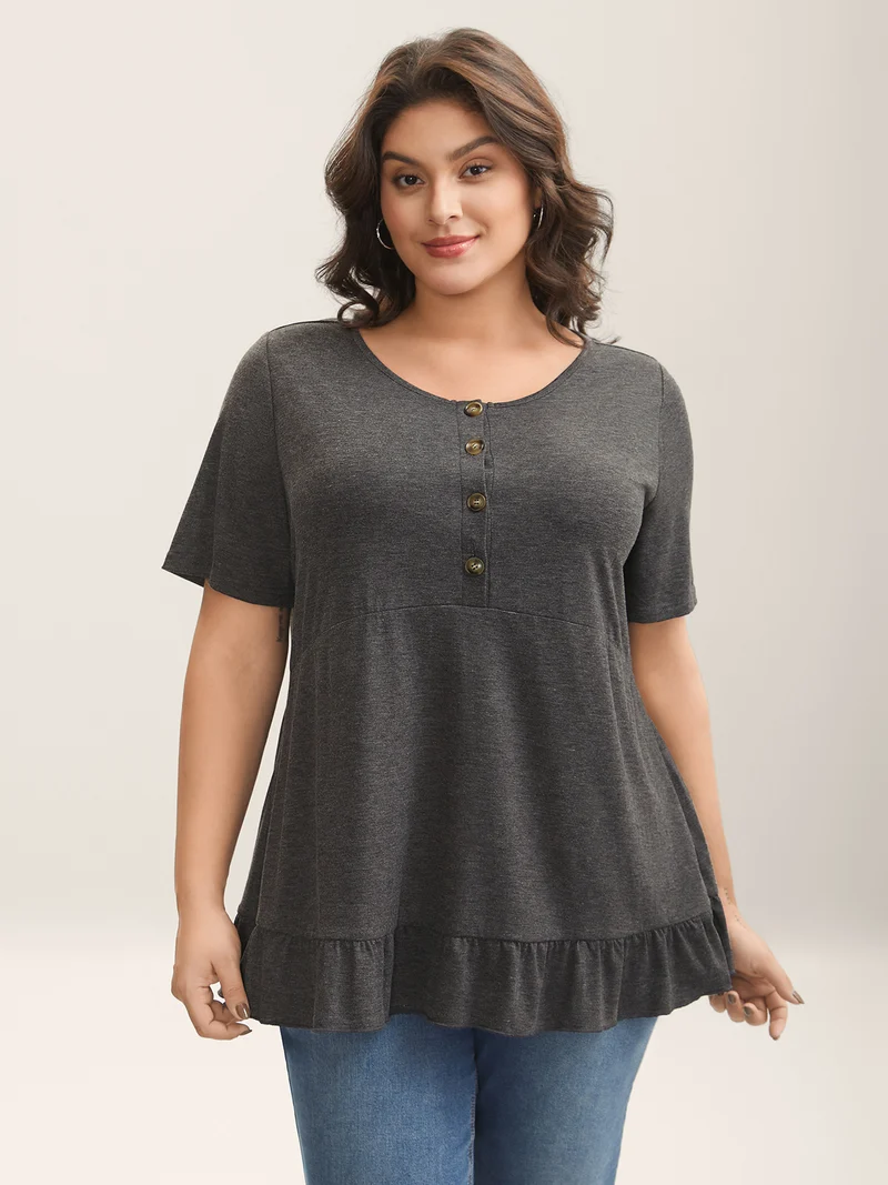 Button Detail Ruffled Hem Babydoll T-Shirt