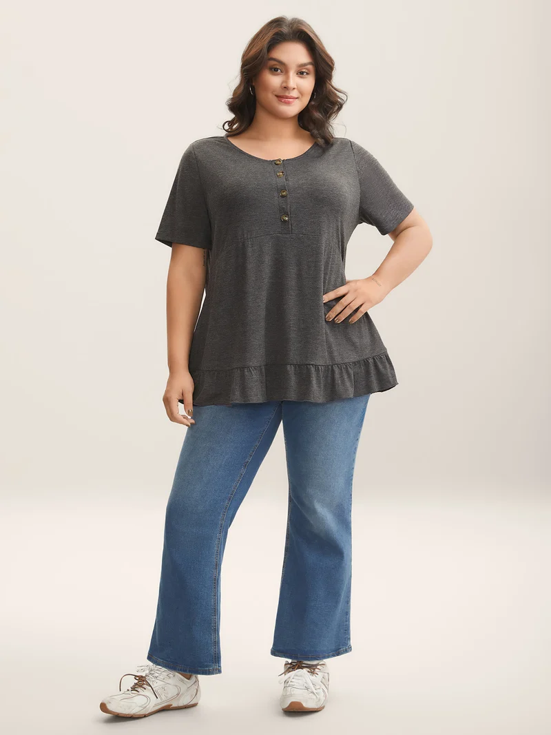 Button Detail Ruffled Hem Babydoll T-Shirt